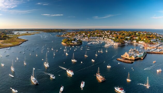 aerial shot of the newport harbor in rhode island with ducked boats and a landscape