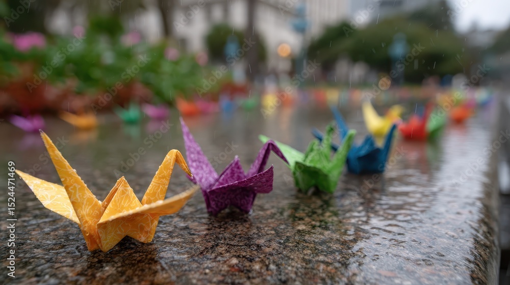 Aufkleber a collection of colorful origami cranes scattered across a park pathway, emphasizing the fusion of n