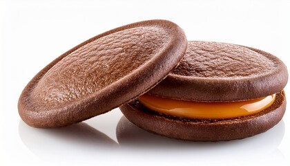 Obraz premium crunchy chocolate biscuit with caramel filling isolated on white