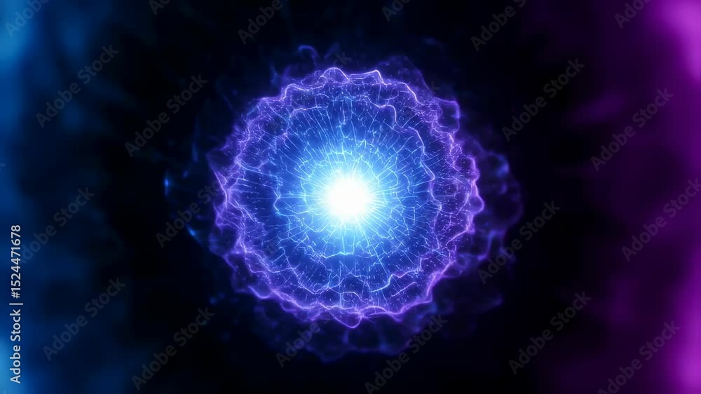 Poster abstract energy sphere expanding with bright light. conceptual background with particles. science, t