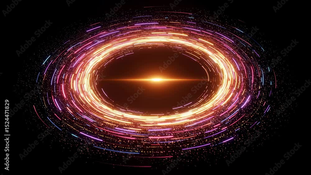 Poster vibrant neon light lines orbit, creating a sparkling abstract circle with a bright center glow. data