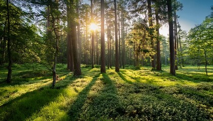 serene forest clearing with lush green grass and sunlight filtering through tall trees creating a peaceful and vibrant natural landscape