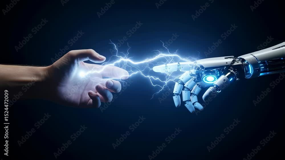 Poster man human hand connecting to robot hand with electric lightning creating electricity. artificial int
