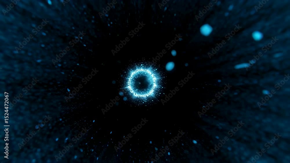 Poster blue light explosion with shimmering particle fragments forming futuristic portal on black backgroun