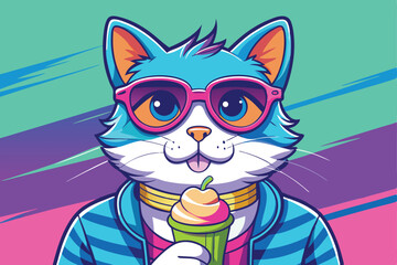 Obraz premium cute cat with sunglasses and ice cream pop art style vector illustration design