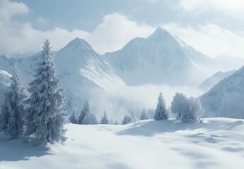 Obraz premium fresh snow and mountain landscape with firs background Christmas banner