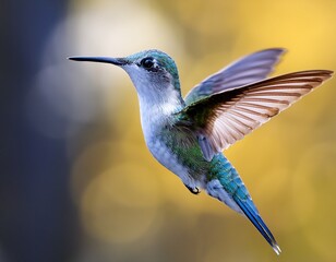 Fototapeta premium close up shot of a cute snowy bellied hummingbird flying on a blurred background