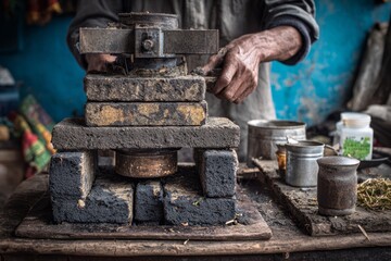 A handmade eco-briquette press compresses recycled agricultural waste into fuel blocks in a rural kitchen, promoting clean energy and sustainability in off-grid areas. Ai Generative.
