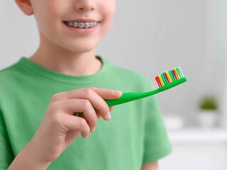 Young boy with dental braces smiling while holding a colorful toothbrush in a bright bathroom, promoting dental hygiene and oral care for children