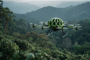 A futuristic green drone designed for dispersing biodegradable seed pods hovers above a lush rainforest canopy, aiding reforestation efforts — ai generative.
