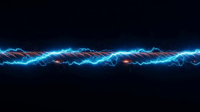 Blue electric lightning bolt running through a rusted metal cable against a dark background, raw energy concept footage.