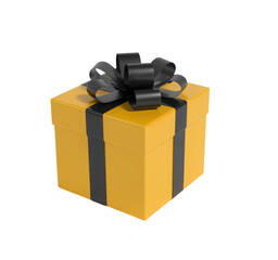 Naklejka premium Yellow gift box with black ribbon and minimalist design on white background, Isolated Transparent Background