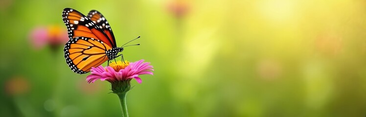 Fototapeta premium Orange butterfly on flower with green blurred nature background. Insect sits flower with copy space. Ecology concept, natural cover, springtime, summer bloom and freshness. Selective focus.