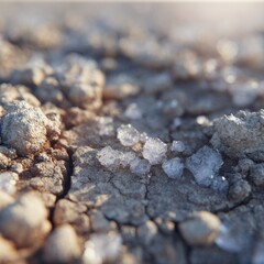 Macro view of water-absorbing crystals swelling on parched, cracked soil surface, symbolizing drought resilience and soil hydration technologies — ai generative.