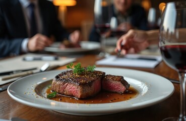 Business meeting over dinner. Perfectly cooked steak, glass of red wine on wooden table. Professionals in suits discuss corporate strategy, partnership, making deals, client services, negotiations.