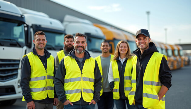 Diverse team truck drivers smiling standing confidently in front of fleet semi-trucks wearing reflective vests. Modern logistics warehouse background represents transportation, commercial industry