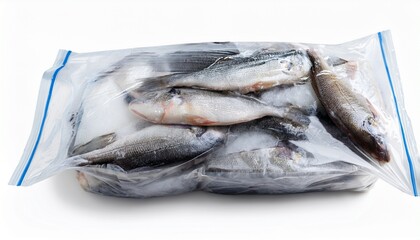 frozen fish preserved and stored in a plastic freezer bag isolated on white