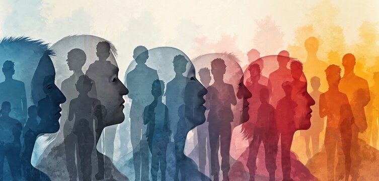 Illustration visualizes demographic shifts, population changes, people evolution. Diversity of silhouettes with heads, representing society, cultural changes, representing sociological, economic,