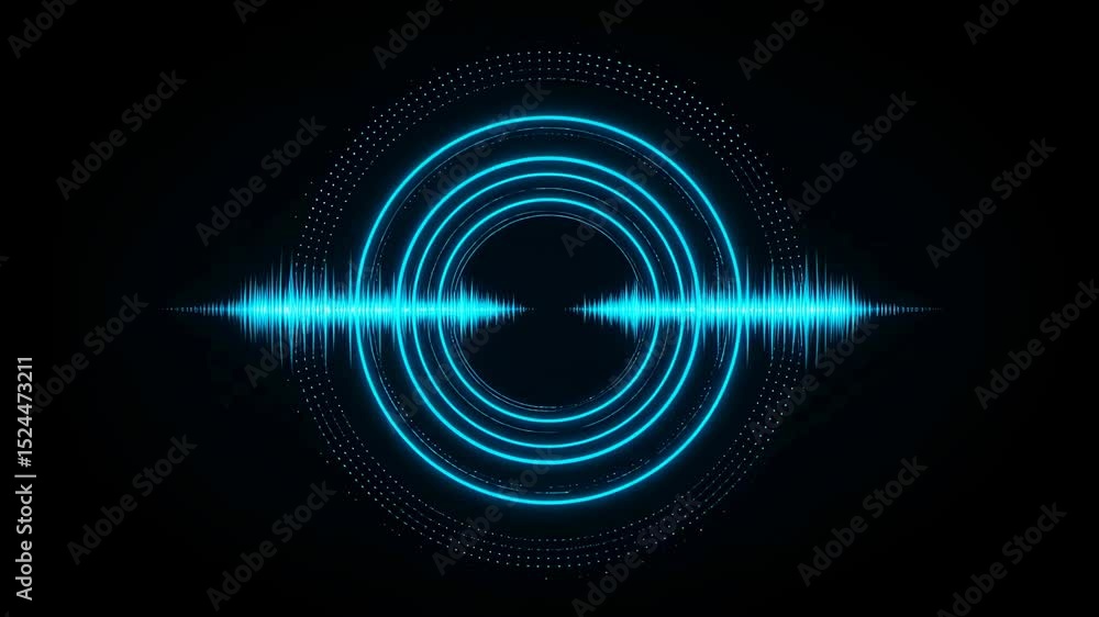 Poster animated blue audio equalizer waveforms and sound circles on black background. digital sound frequen