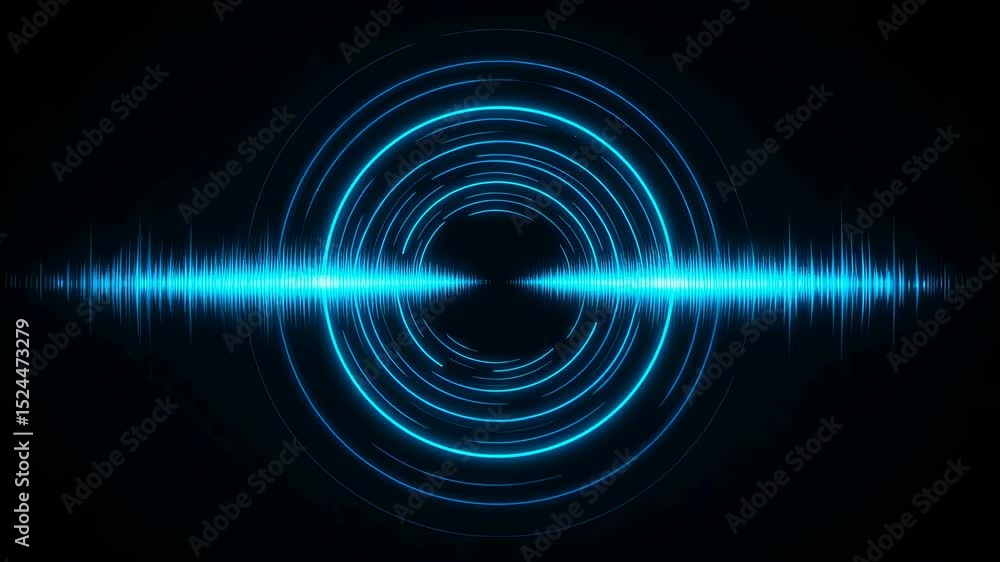 Poster futuristic blue audio equalizer pulses with concentric glowing circles. sound wave visualizer for mu
