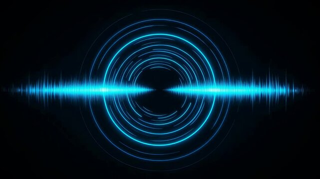 Futuristic blue audio equalizer pulses with concentric glowing circles. Sound wave visualizer for music or data analysis footage.