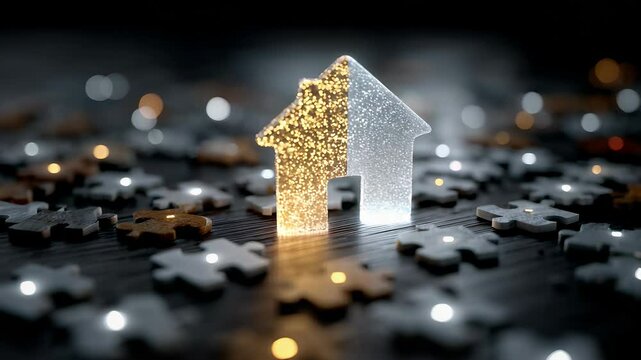 Glowing House Puzzle Piece Symbol Surrounded by Scattered Puzzle Pieces, Representing Home Ownership, Real Estate, and the Dream of Finding the Perfect Home