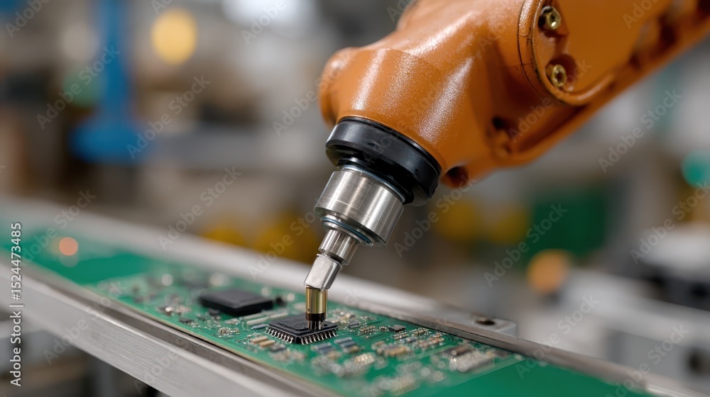 Aufkleber an orange robotic arm skillfully assembles electronic components, emphasizing the role of automation