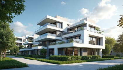 Fototapeta premium Modern residential buildings with sleek architecture. Contemporary design with balconies glass railings windows. Exterior facade, landscaping, blue sky. Real estate property, urban development