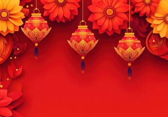 Happy Diwali. Group of paper graphic Indian lantern on Indian festive theme big banner background. The Festival of Lights.