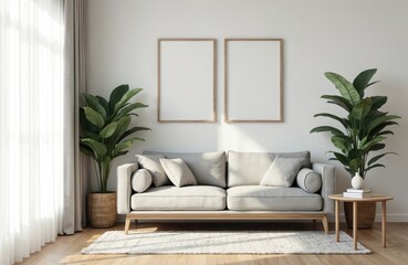 Modern living room interior with sofa. Minimalist design, neutral colors, blank frames above. Cozy home decor includes plants, natural light from window, wooden floor, carpet, table. Interior design.