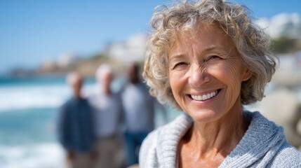 A cheerful elderly woman smiles as she strolls along the beach, embodying happiness and joy while friends are visible in the background, enhancing the joyful atmosphere.