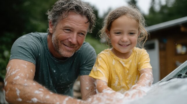 A touching moment captured as a father and his little daughter share a fun day washing their car, showcasing a bond filled with laughter and love.