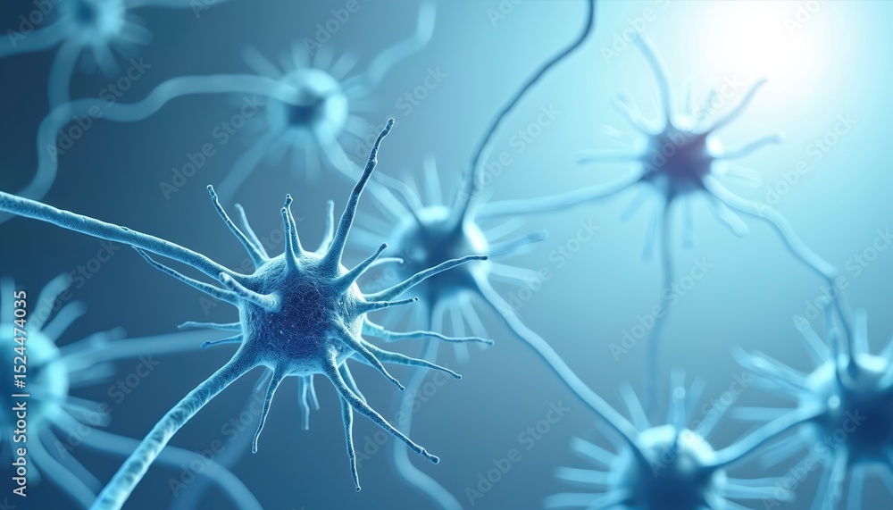 Poster illustration shows neural network cells over blue background. brain neurons connections, neuroscienc
