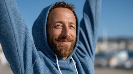 A man smiles broadly while stretching his arms in joy, wearing a hoodie and standing by the seaside, showcasing a sense of adventure and happiness in a coastal setting.