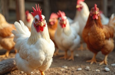 Fototapeta premium Group of healthy chickens in outdoor environment. White, brown, beige fowl birds. Farming, poultry, eggs, meat production, agriculture. Domestic animal lifestyle, breeding concept, food supply, rural