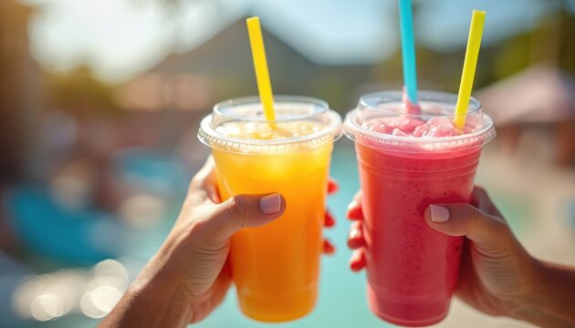 Two refreshing drinks in person hand. One pink, another yellow. Cold drink with straw in a plastic cup. Summer cocktail party. Refreshing fruit juice lemonade. Tropical beach event.