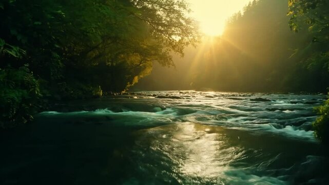 Luxuriant tropical forest adorned with copious vegetation and a river with beautiful sunlight, ensconced within the intricately tangled jungle. Generative AI