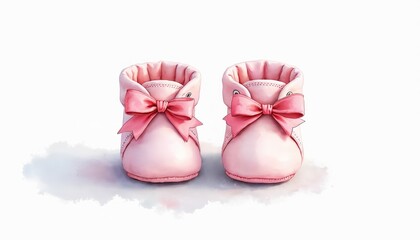 Watercolor illustration baby booties with pink bows. Perfect design for nursery decor birth announcements. Tender shoe footwear for baby girl. Art for invitation card for baptism baby shower.