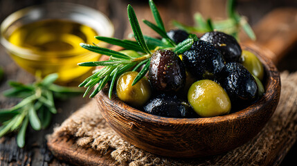 Gourmet Olive Mix with Rosemary and Oil on Rustic Wooden Table
