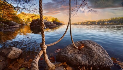 Fototapeta premium a rope hanging from a tree branch next to a body of water with a few leaves scattered on the rock below the background is blurred giving the image a dreamy ethe