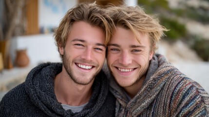 Fototapeta premium In this heartwarming image, two young men share a warm embrace amidst a cozy location, reflecting their strong bond of friendship against a picturesque backdrop of nature.