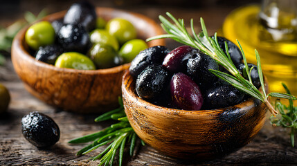 Gourmet Olive Mix with Rosemary and Oil on Rustic Wooden Table
