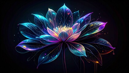 Minimalist abstract art featuring iridescent neon glow paint on a black background with a stylized flower, zen brushstrokes, and shimmering raindrops in a moody, dramatic style.