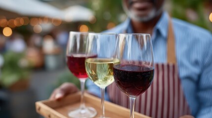 Obraz premium A professional waiter showcases a selection of vibrant wine glasses filled with red and white wines, emphasizing the importance of presentation in fine dining.