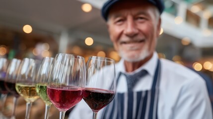 An older server proudly displays a refined collection of wines in an elegant outdoor setting, embodying the connection between tradition and refined dining experiences.
