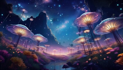 Obraz premium floating gardens of a celestial night sky