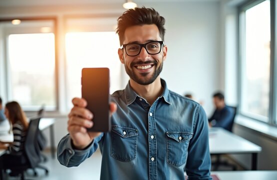 Happy businessman recommends new mobile phone app in modern office. Smiling entrepreneur holds smart phone. Positive promotion technology. Man in glasses, denim shirt shows touchscreen, smiling.