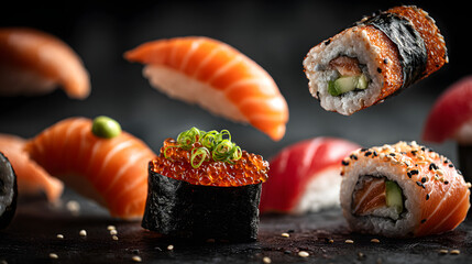 Floating Sushi and Rolls in Air – Dynamic Japanese Cuisine Concept on Dark Background
