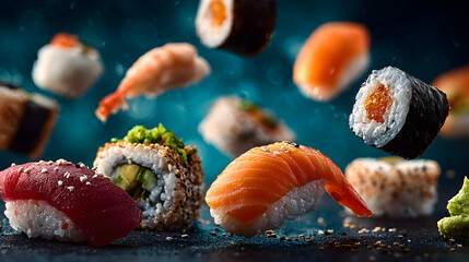 Floating Sushi and Rolls in Air – Dynamic Japanese Cuisine Concept on Dark Background
