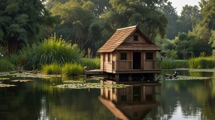 Wooden cabin on a pond, tranquil setting